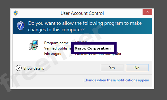 Screenshot where Xerox Corporation appears as the verified publisher in the UAC dialog